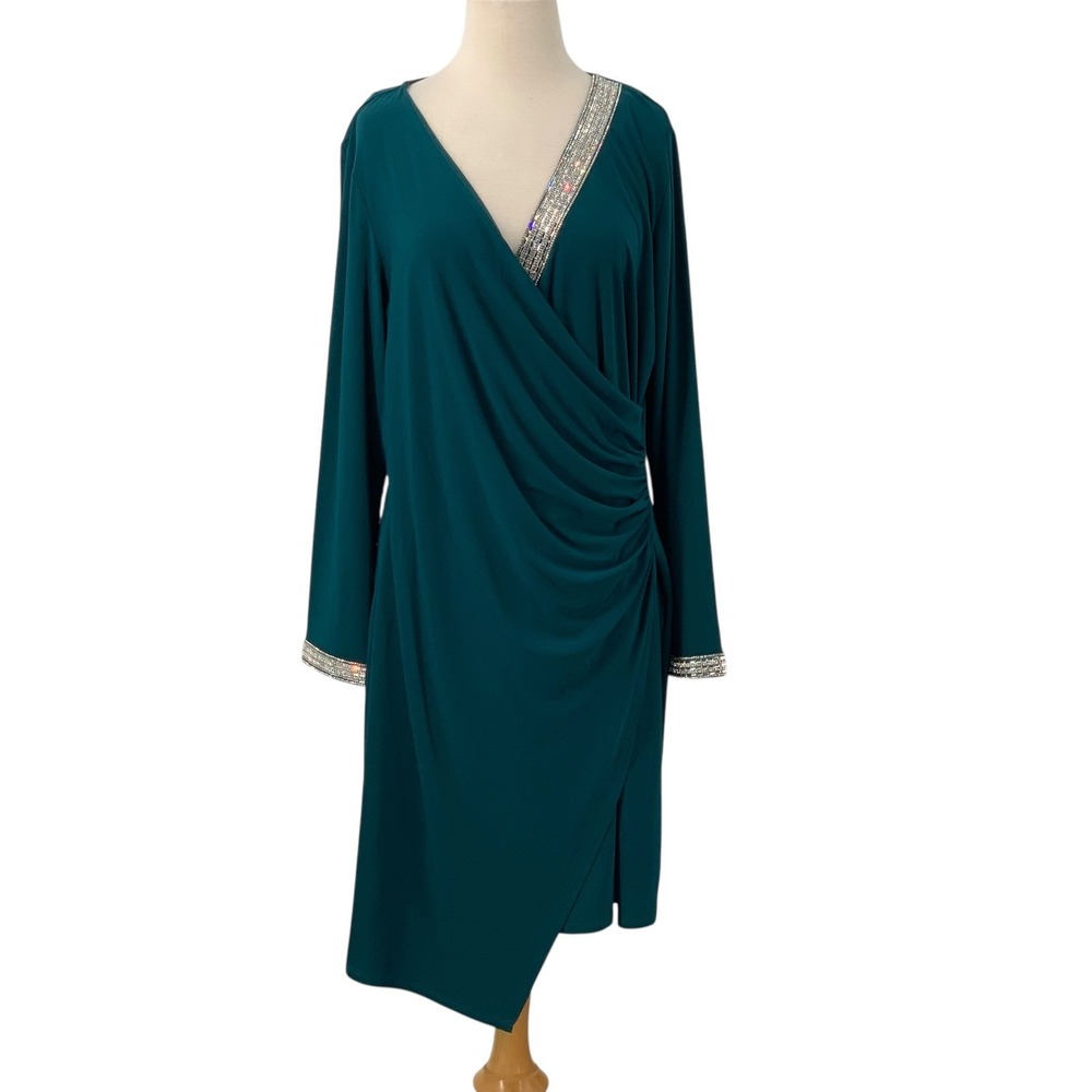MSKโ Emerald Rhinestone Asymmetrical Cocktail Evening Long Sleeve Wrap Dress XL